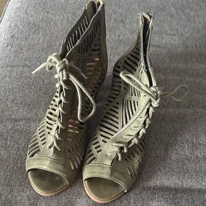 George Olive Green Laser-Cut Lace-Up Peep-Toe Heels